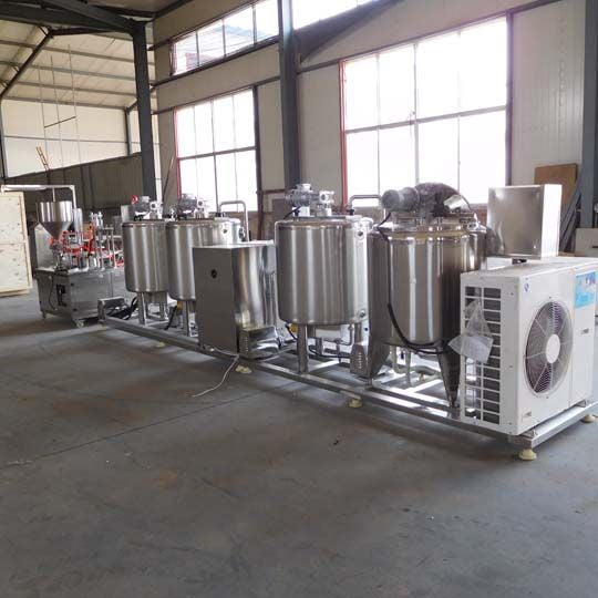 Small scale yogurt production line showing sterilization equipment